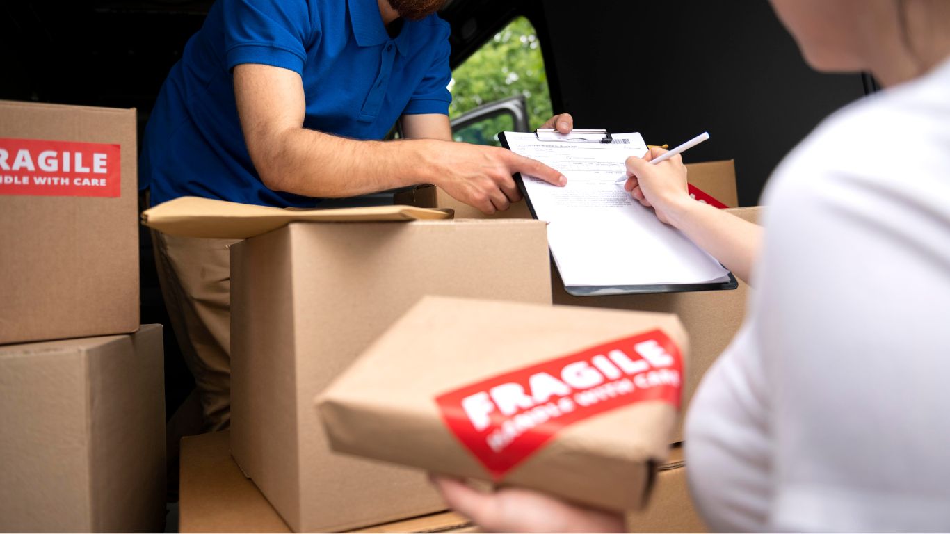 Two movers packing boxes in Dubai, UAE.