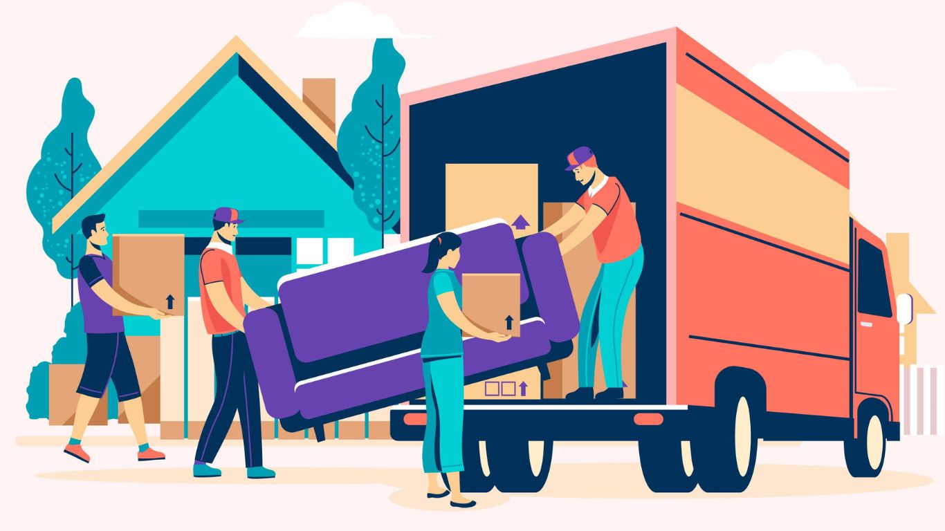 Two movers loading furniture into a moving truck in Abu Dhabi, UAE.