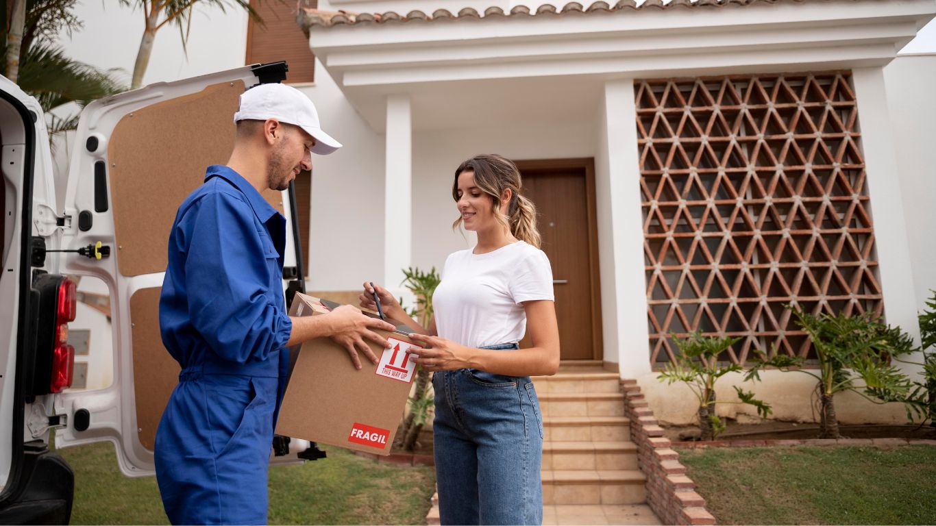 Two movers carrying furniture outside a villa in Dubai, UAE.