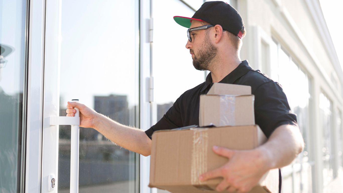 Two movers loading boxes into a moving truck in Dubai, UAE.