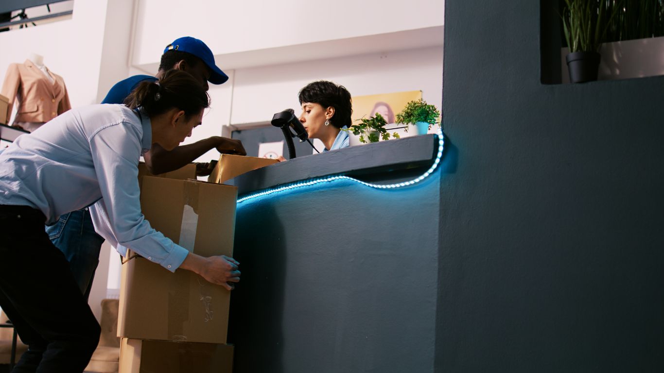 Two workers loading boxes into a moving truck in Ras Al Khaimah, UAE.