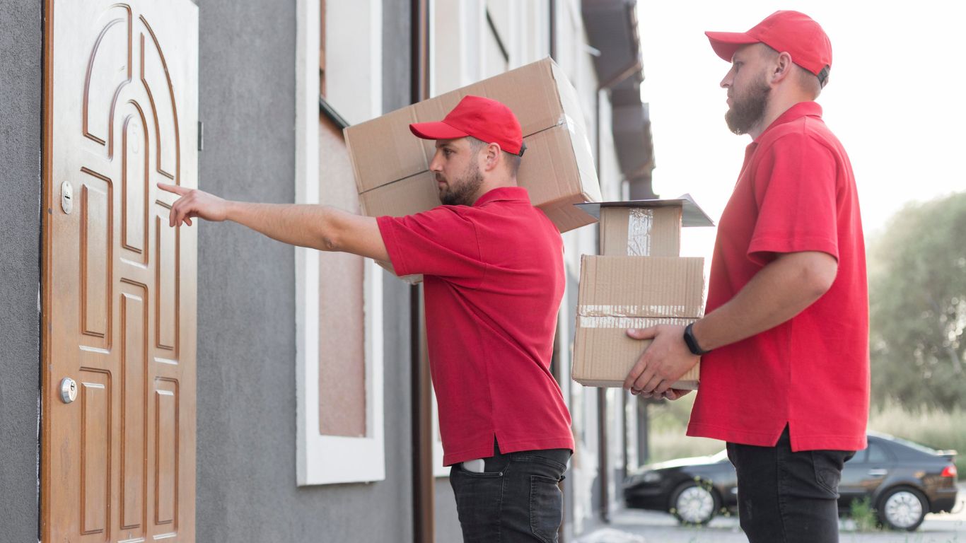 Two movers carrying furniture outside a villa in Dubai, UAE.