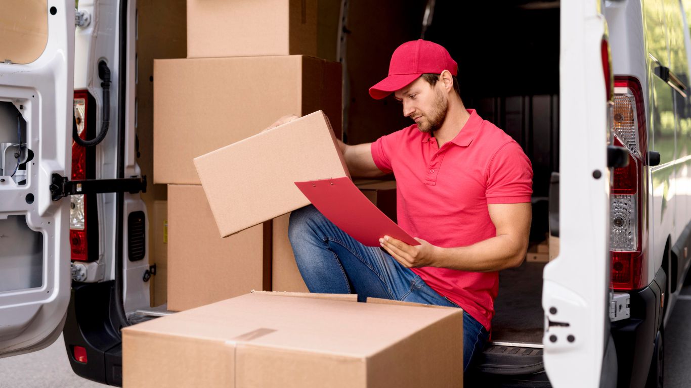 Two movers carrying boxes into a house in Dubai, UAE.